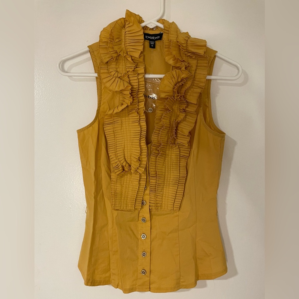 BCBGMaxAzria Mustard Yellow Ruffle Button-Front Sleeveless Shirt